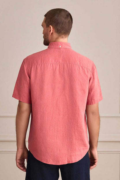Men's red short-sleeve button-down shirt, back view, with collar and buttons