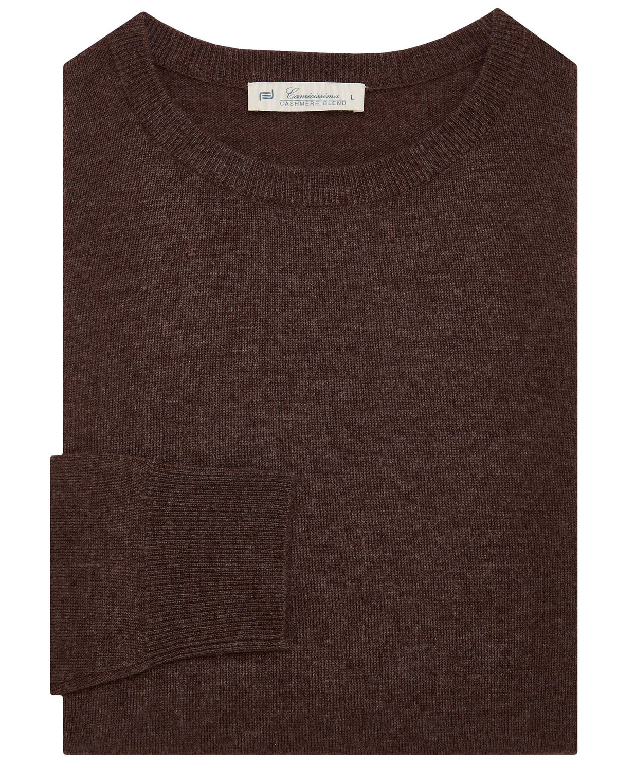 Brown crewneck knit sweater with ribbed hem and cuffs, folded sleeve detail