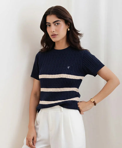 Navy fitted knit top with short sleeves, crew neck, and cream horizontal stripe