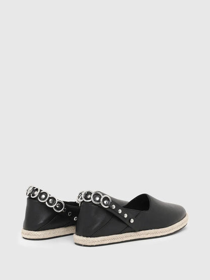 Black leather espadrille slip-on sneakers with silver eyelet strap and jute sole