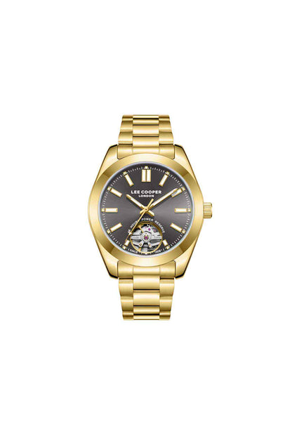 Lee Cooper gold wristwatch with dark dial, metal bracelet, and skeleton subdial