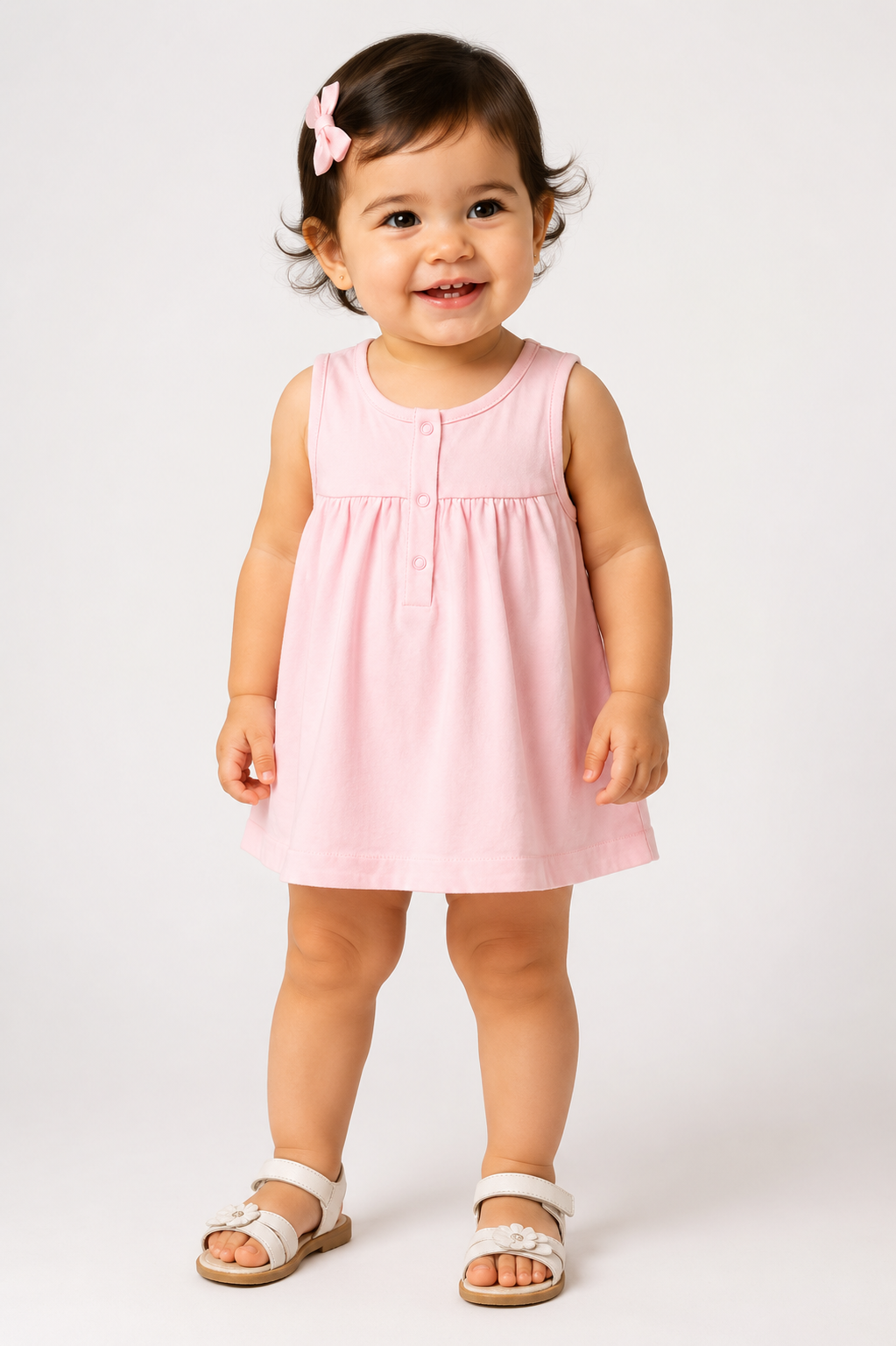 Pink sleeveless baby dress with button placket and gathered skirt