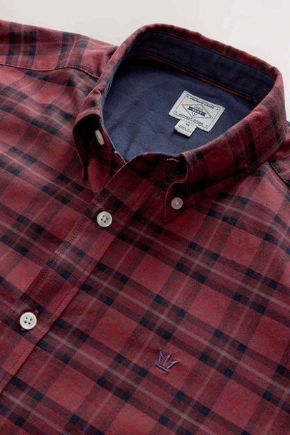 NEXT burgundy red plaid button-up shirt with chest logo tag and pocket
