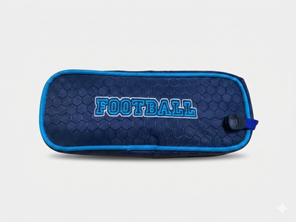 Long navy football zip pencil case with turquoise trim and 'FOOTBALL' logo