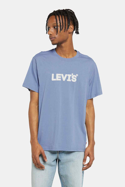 Blue crew-neck T-shirt with white logo print, short sleeves