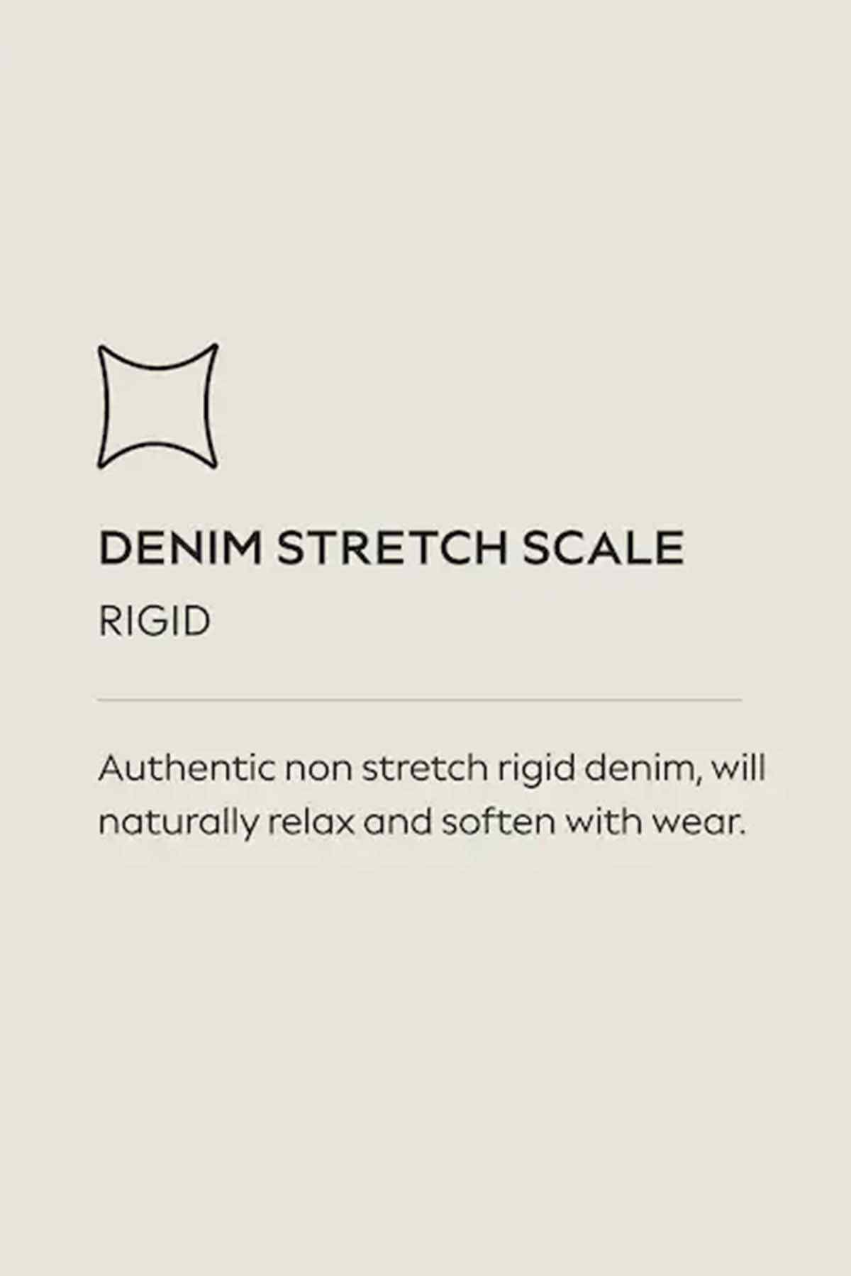 Denim stretch scale info: rigid non-stretch denim that relaxes and softens with wear