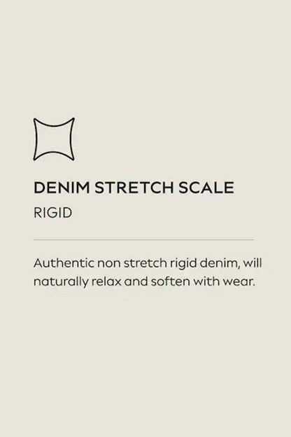Denim stretch scale info: rigid non-stretch denim that relaxes and softens with wear