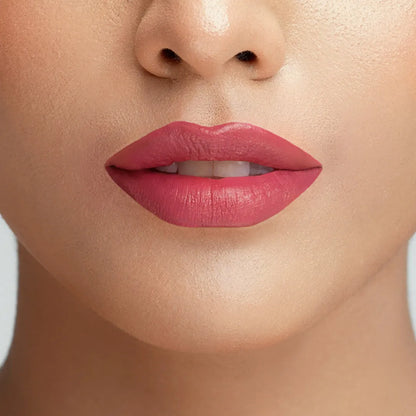 Conatural velvet lipstick on lips, coral-rose pink lip color