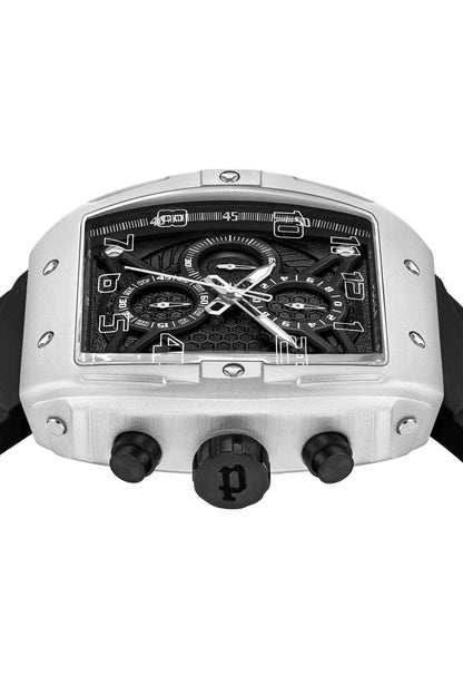 Police watch top view with silver case, black dial, and three side pushers.