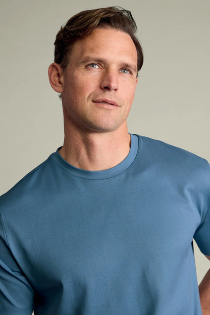 Charles Tyrwhitt blue crew-neck T-shirt, close-up of neckline