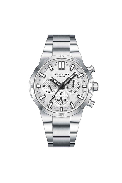 Silver Lee Cooper London chronograph wristwatch with white dial and metal bracelet