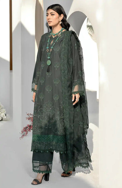 Bottle green long embroidered kurta from back-side view, sheer sleeves and layered hem