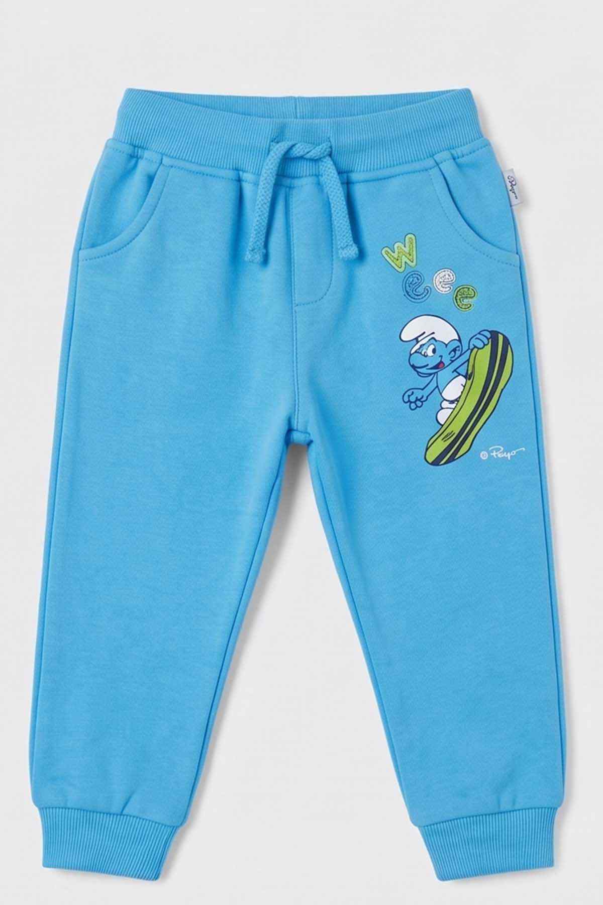 Blue baby jogger pants with drawstring waist, side pockets, cartoon graphic