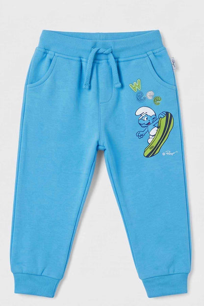 Blue baby jogger pants with drawstring waist, side pockets, cartoon graphic