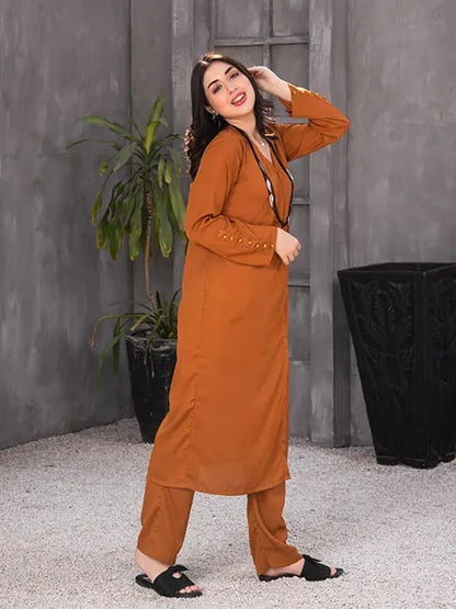 Rust-orange long kurta set with V-neck, long sleeves, matching straight pants