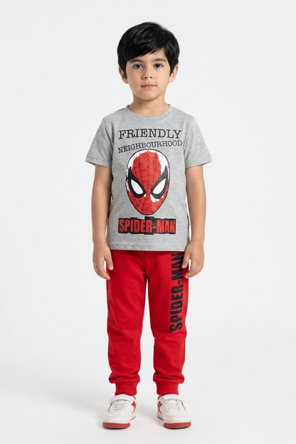 BABYSHOP toddler Spider-Man gray T-shirt and red joggers set, front graphic