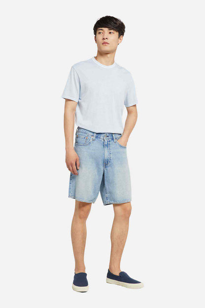 Light blue denim shorts with cuffed hem and front pockets