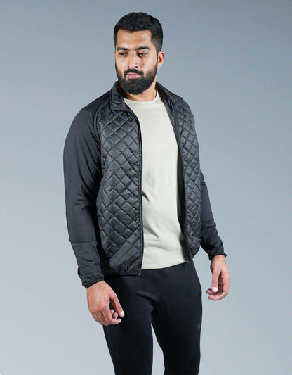 Black quilted zip-up jacket with diamond pattern and stand collar