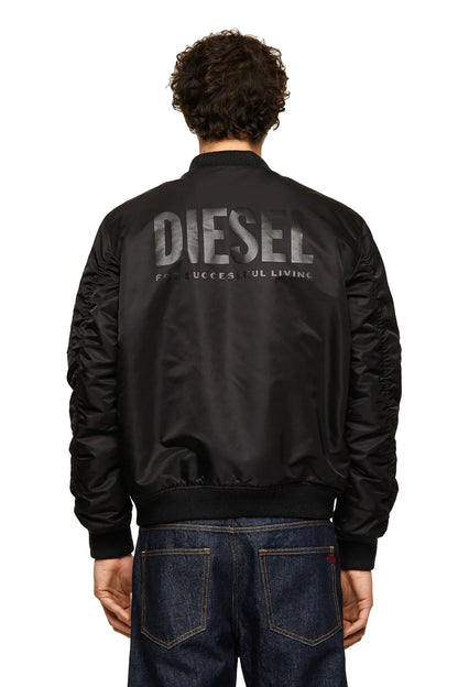 Black bomber jacket with back Diesel logo and slogan print, zip front