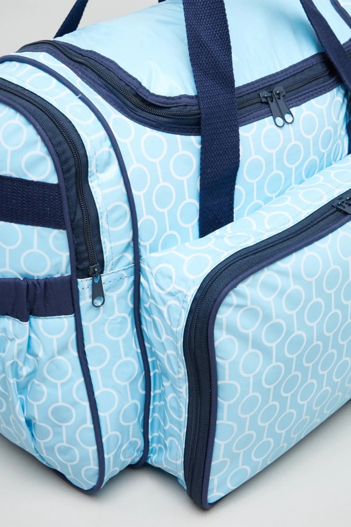 BABYSHOP blue patterned insulated baby bag with zip compartments and webbing strap