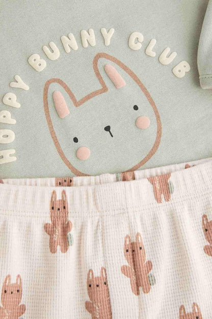 Sage green bunny graphic long-sleeve top and cream bunny print shorts, close-up