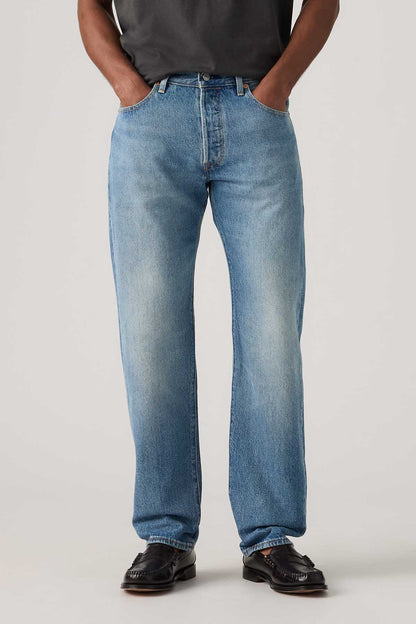 Levi's light blue denim jeans front close-up, straight legs, five-pocket design