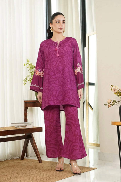 Women's purple patterned kurta tunic and flared pants set, floral cuffs