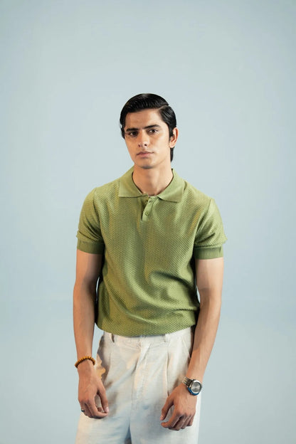 Olive polo shirt with pointed collar, 3-button placket, and short sleeves