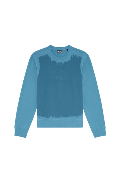 Blue crewneck sweatshirt flat lay with faded chest logo print