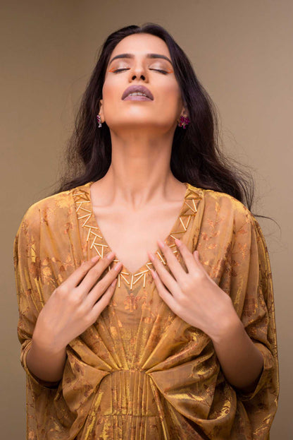 Gold velour V-neck dress with gathered bodice and short sleeve drape