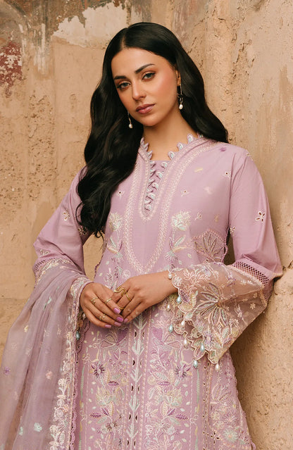 Lavender embroidered long dress with V-neck placket and lace-trim cuffs