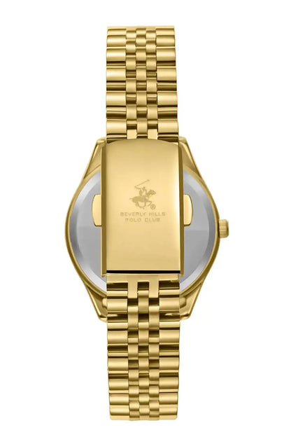 Gold metal wristwatch with green dial, gold hands and link bracelet, date window