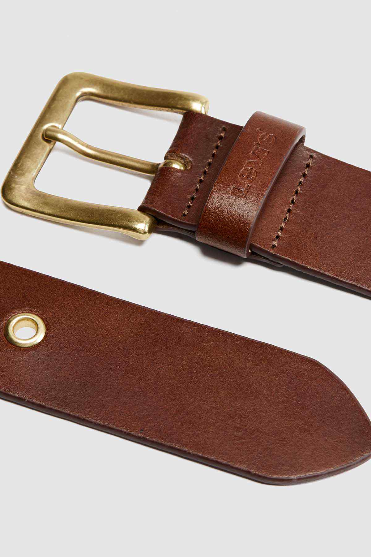 Brown leather belt with brass square buckle and punched adjustment holes