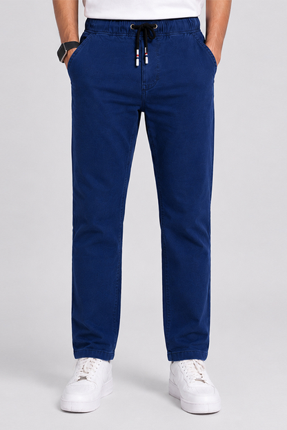 Royal blue chino pants with drawstring waist and straight tapered legs