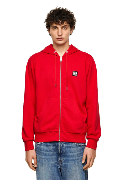 Red zip-up hoodie with drawstring hood and Diesel chest logo patch