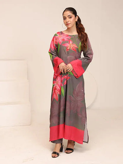 Floral long kurta dress, dark gray with pink and green, round neck, long sleeves