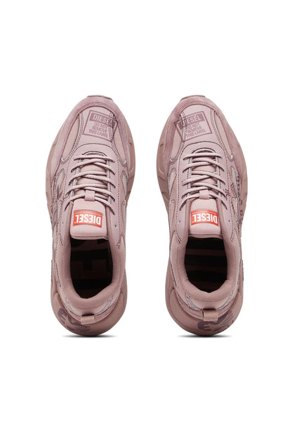 Diesel fuchsia sneakers pair, front view with orange logo tongue tags