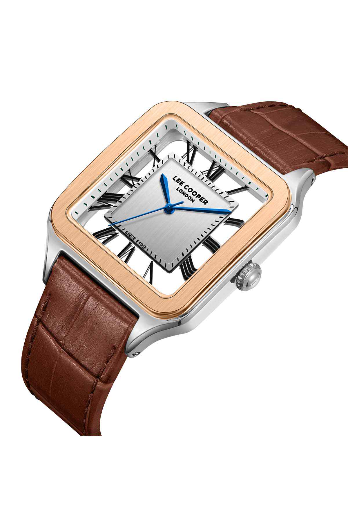Angled square-faced wristwatch with dark brown leather strap, silver case, skeleton dial
