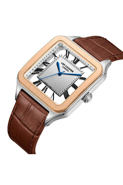 Angled square-faced wristwatch with dark brown leather strap, silver case, skeleton dial