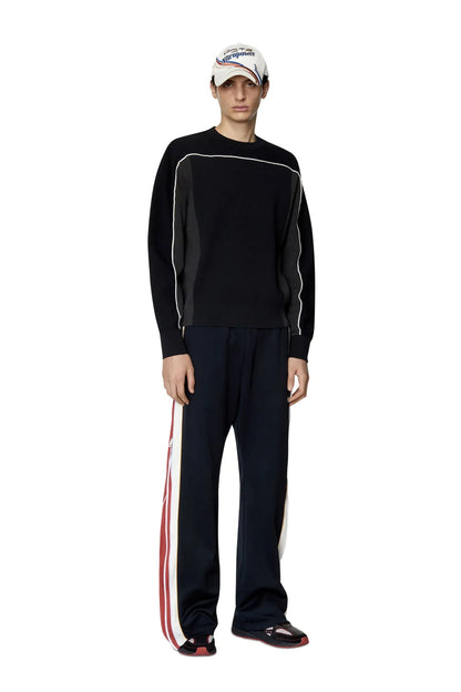 Diesel crewneck sweater, black with white stripe trim, long sleeves