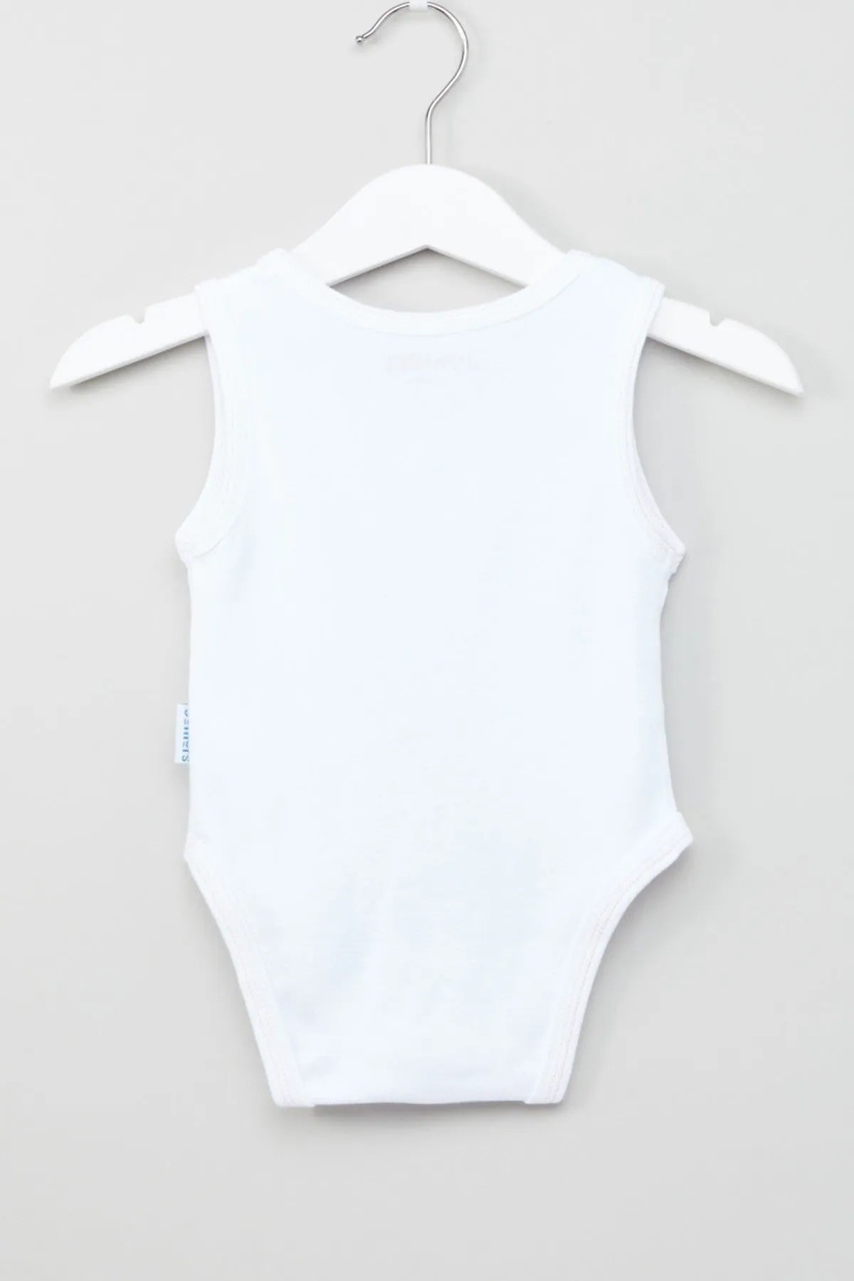 White sleeveless baby bodysuit on hanger, solid front, snap-button legs