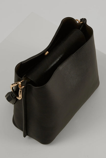 Black leather-look tote bag with open top, gold clasp hardware, interior visible