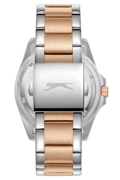 Silver metal wristwatch with rose gold center bracelet links and engraved caseback