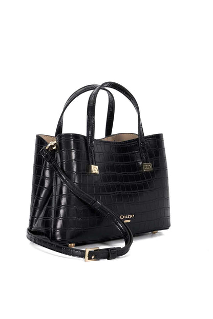 Dune London black croc-embossed leather tote with double handles and adjustable strap