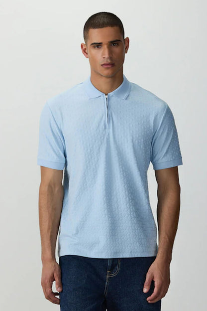 Light blue polo shirt with button placket and short sleeves