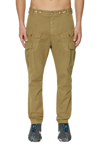 Camel cargo pants with belt loops, button closure, and multiple flap pockets