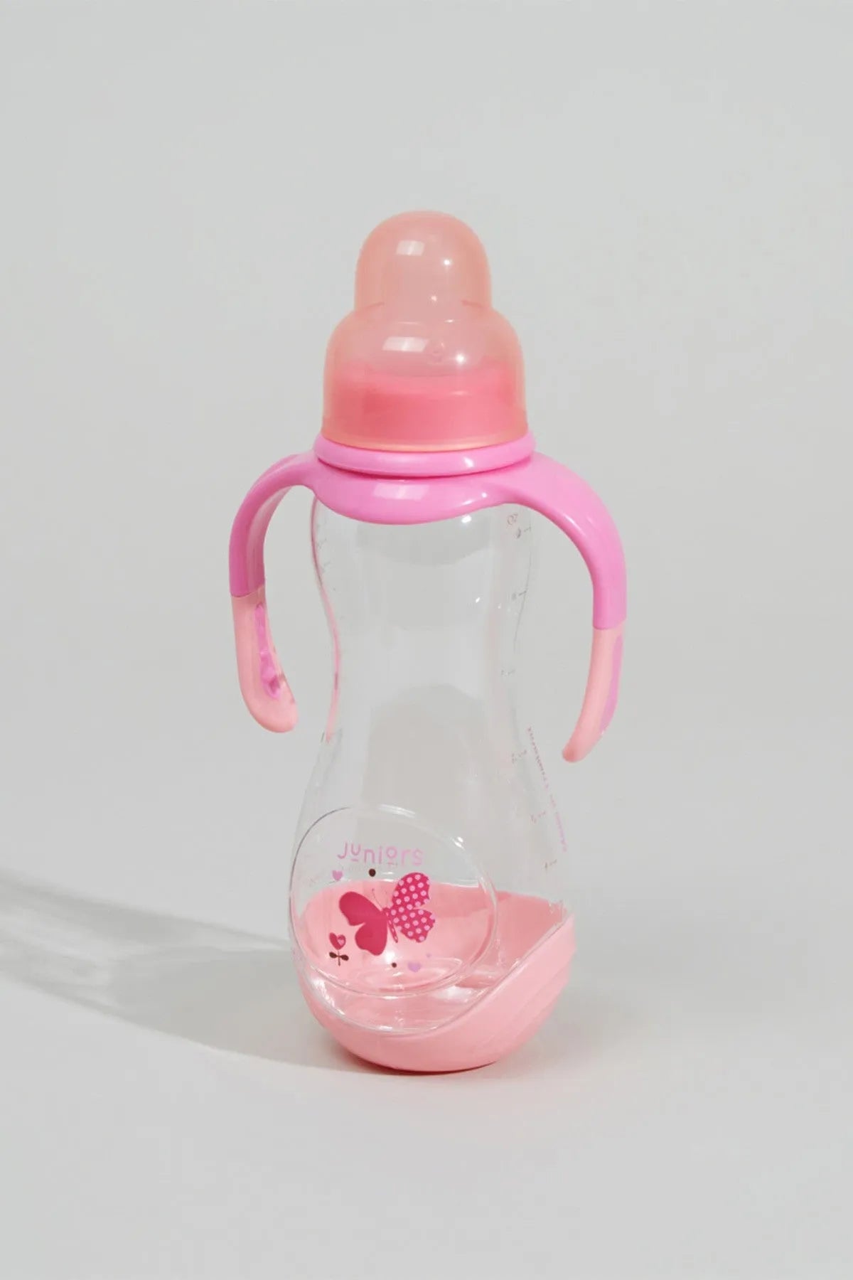 Pink baby bottle with handles, clear body, and pink flip-top lid with heart design