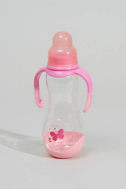 Pink baby bottle with handles, clear body, and pink flip-top lid with heart design