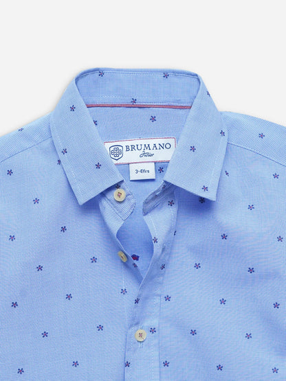 Blue cotton button-up shirt with repeating small print, button front and collar