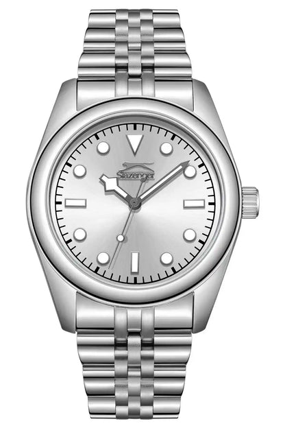 SLAZENGER silver wristwatch with round dial and metal bracelet, front view